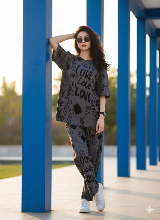 Charcoal Drop Shoulder Printed Night Suit