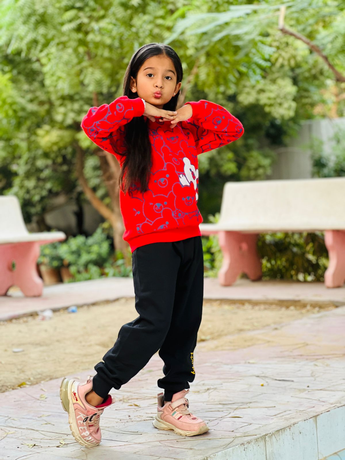 Red Bears Print Sweatshirt With Trouser For Kids (2 Piece)