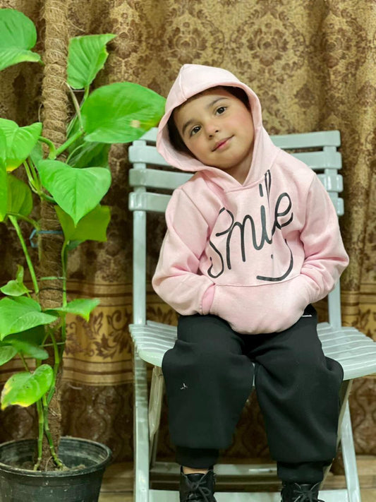 Pink Smiley Printed Hoodie With Trouser For Kids