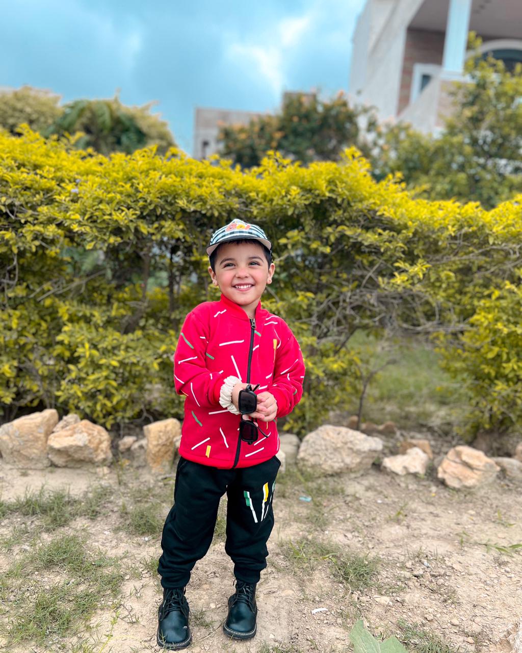 Kids Red Printed Zipper Jacket With Trouser (2 Piece)