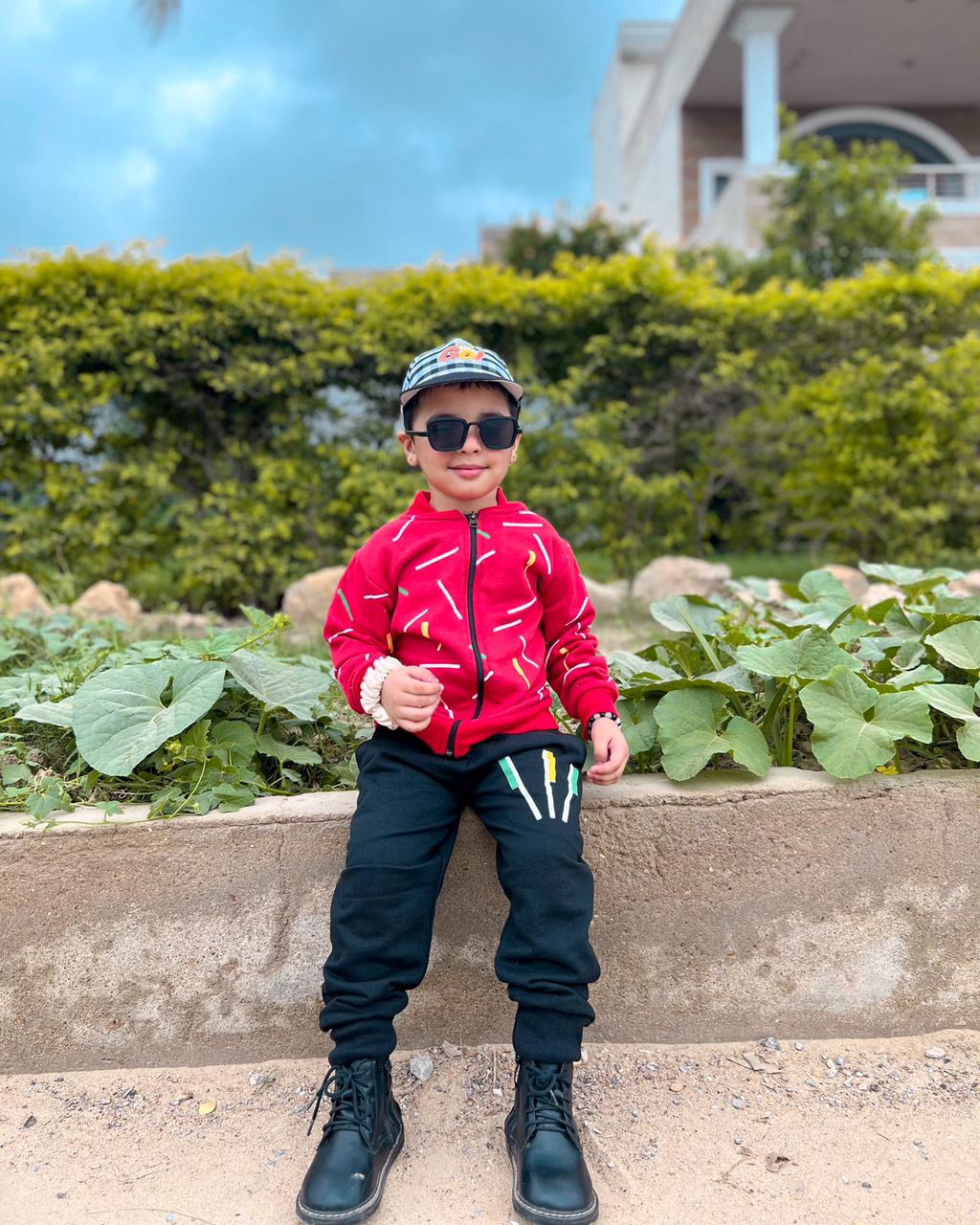 Kids Red Printed Zipper Jacket With Trouser (2 Piece)
