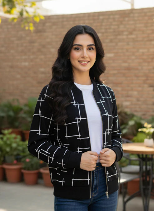 Black Printed Zipper Jacket For Women