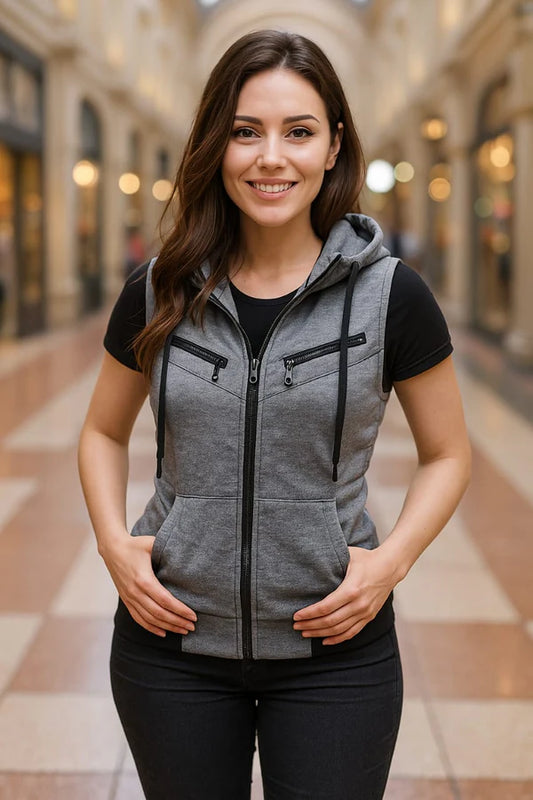 Charcoal Sleeveless Hooded Zipper For Women