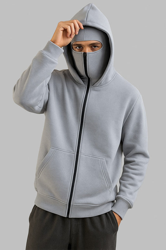 Couple Grey Balaclava Ninja Zipper Hoodie Jacket