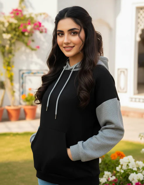 Black With Grey Basic Kangaroo Hoodie For Women