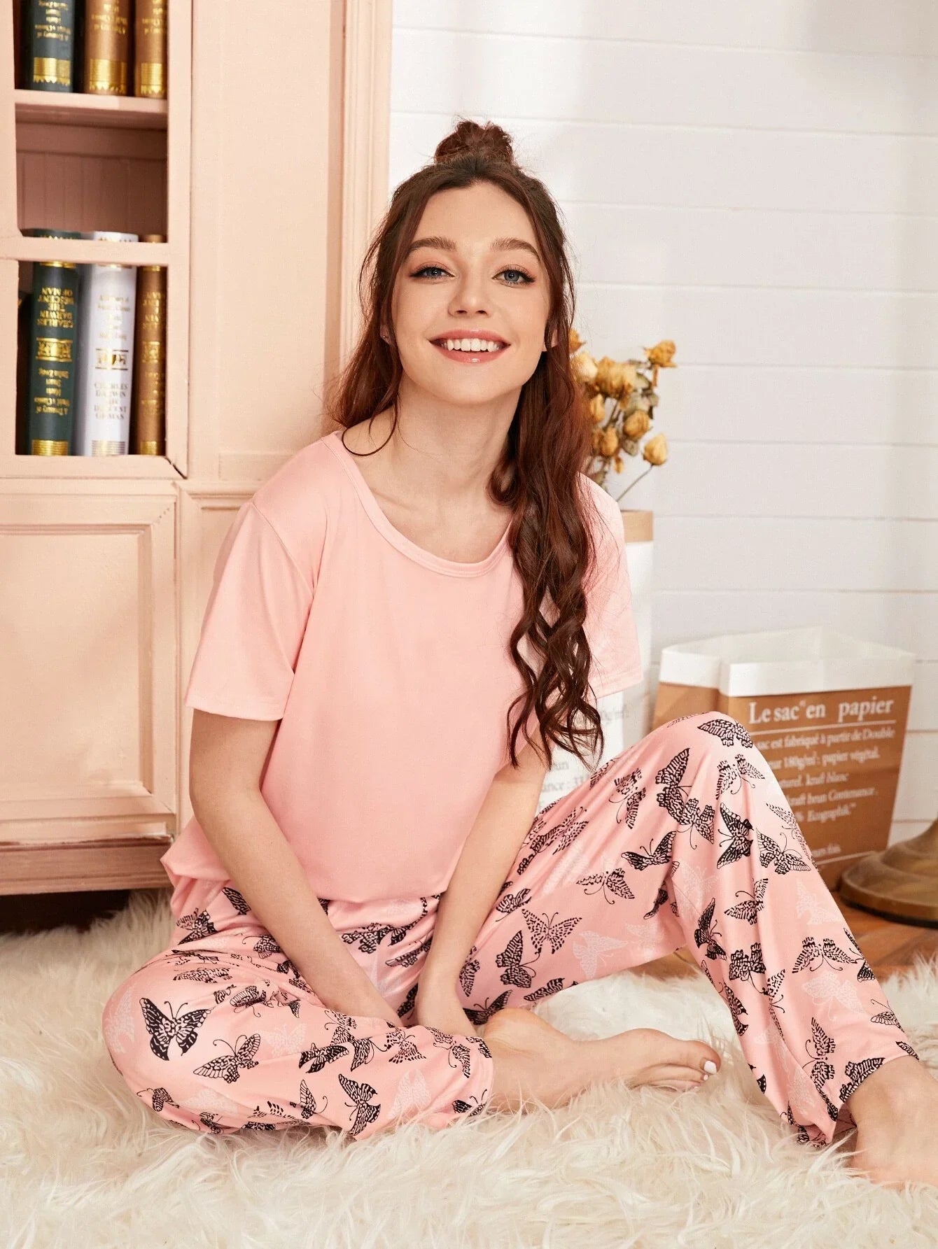 Baby Pink With Butterfly Printed Pajama Night Suit