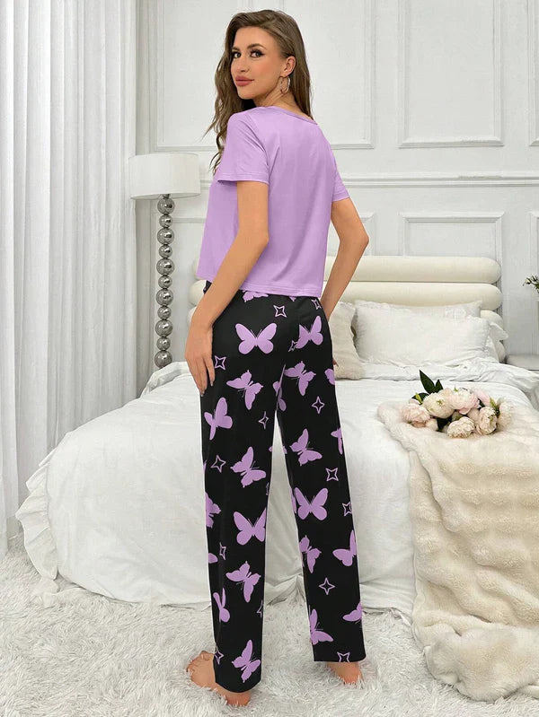 Purple Heart & Butterfly Printed Night Suit