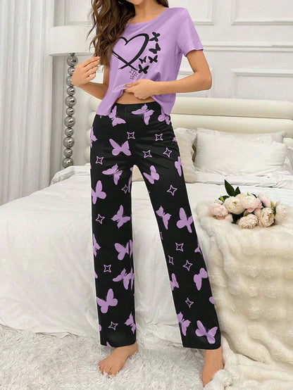 Purple Heart & Butterfly Printed Night Suit