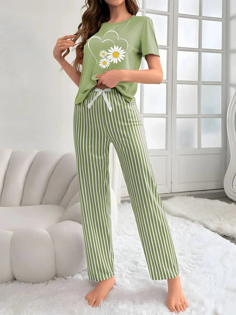 Green Sunflowers Heart Printed Night Suit