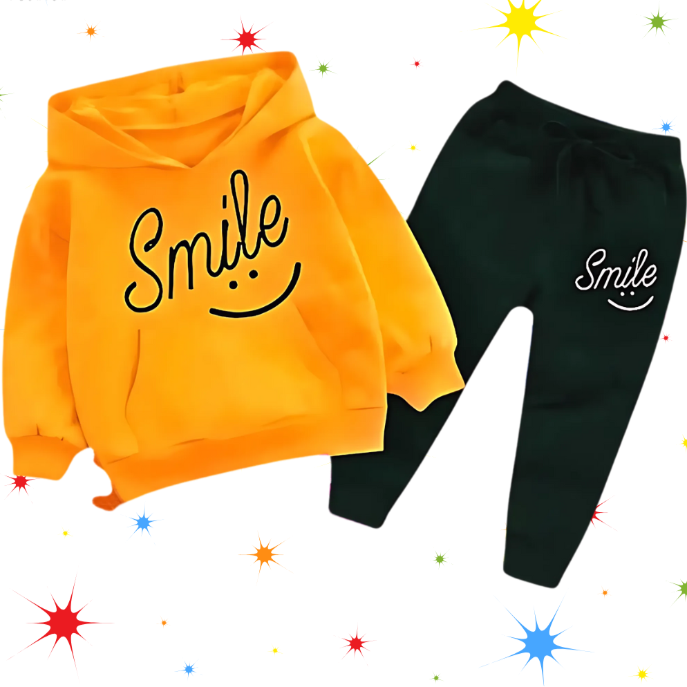 Orange Smiley Printed Hoodie With Trouser For Kids