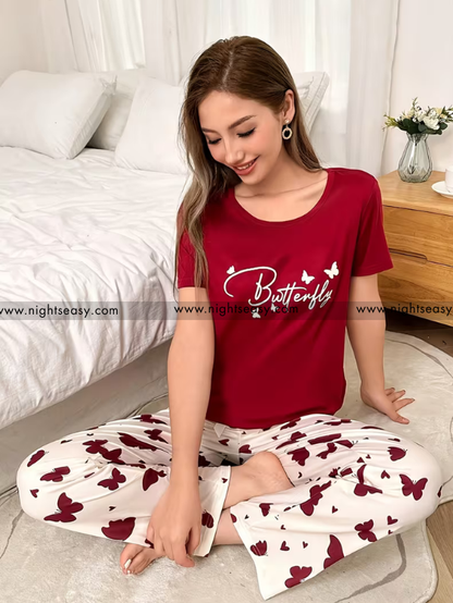 Mehroon Small Butterfly Printed Night Suit