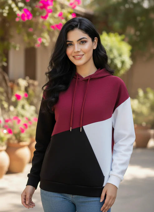 Maroon Black and White Cut and Sew Kangaroo Hoodie For Women
