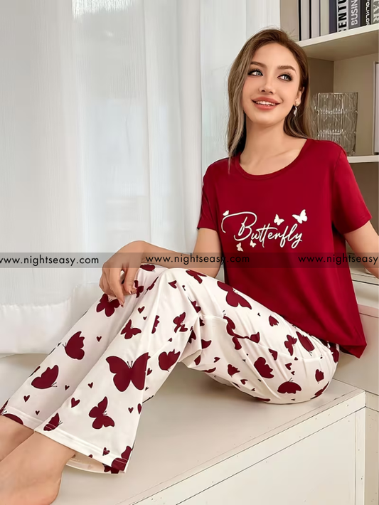 Mehroon Small Butterfly Printed Night Suit