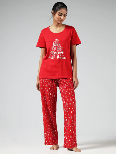 Red Typographic Printed Night Suit