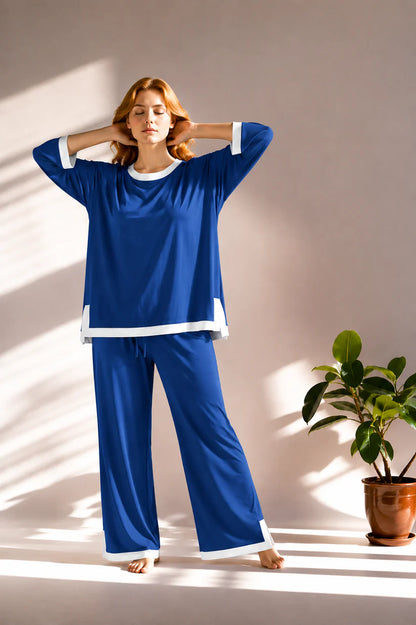 Royal Blue White Round Neck Plazo Night Suit