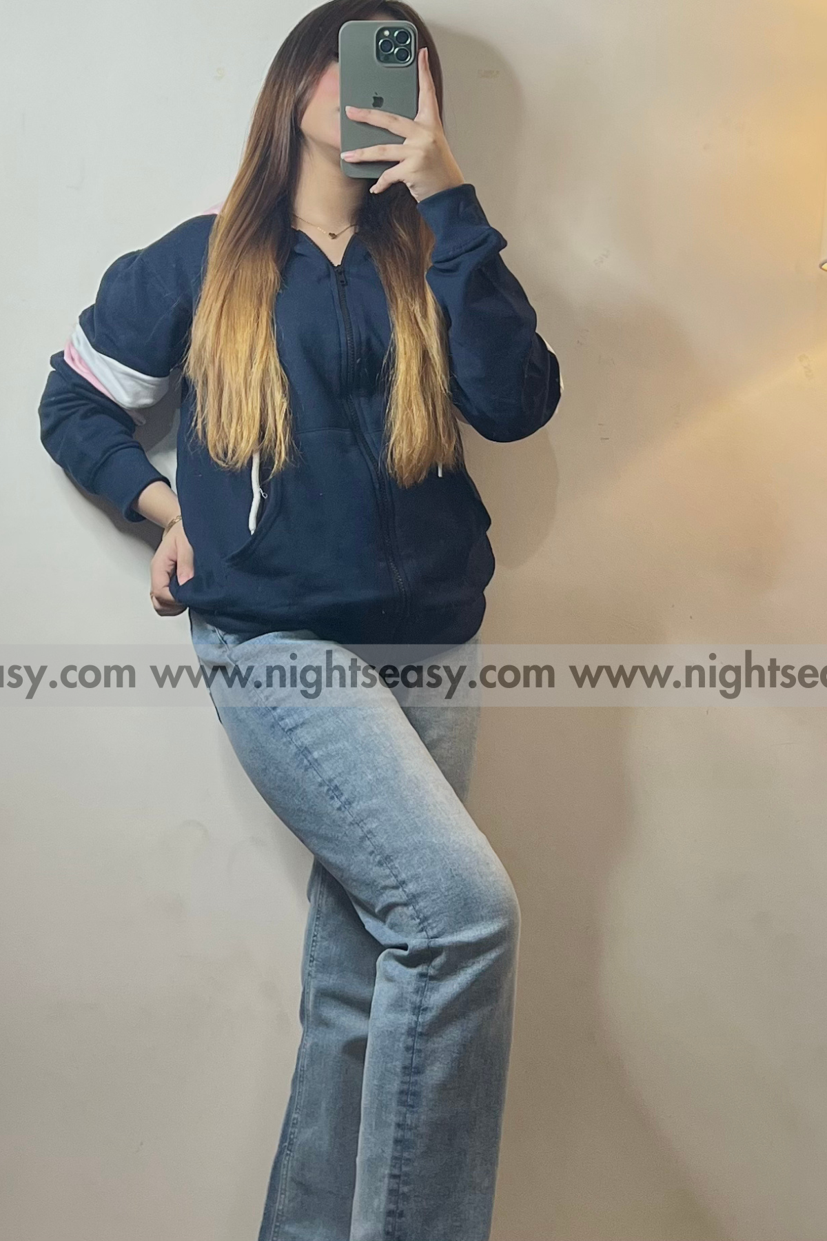 Navy Blue with Pink and White Stripes Zipper Hoodie For Women