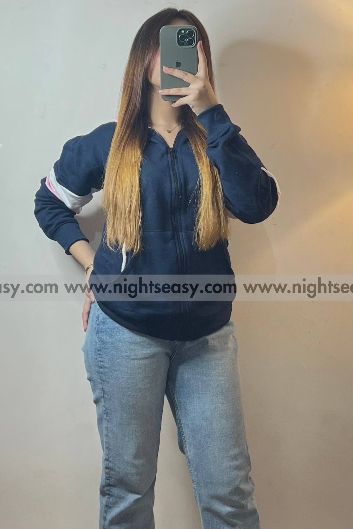Navy Blue with Pink and White Stripes Zipper Hoodie For Women