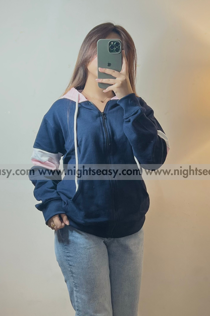 Navy Blue with Pink and White Stripes Zipper Hoodie For Women