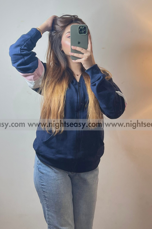 Navy Blue with Pink and White Stripes Zipper Hoodie For Women