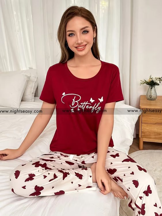 Mehroon Small Butterfly Printed Night Suit