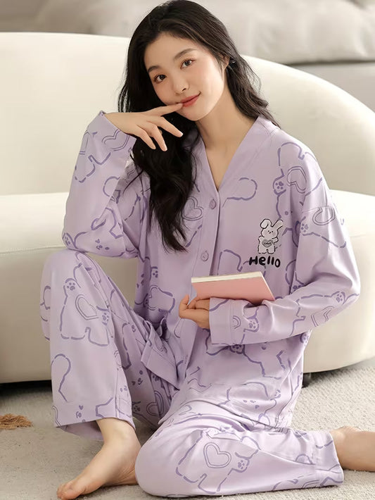 Lilac Love Bunny Printed V-Neck Button Printed Night Suit