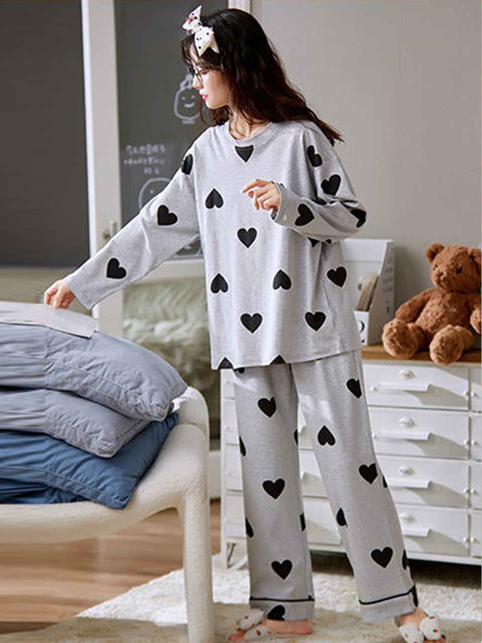 Grey Black Multi Heart Printed Night Suit