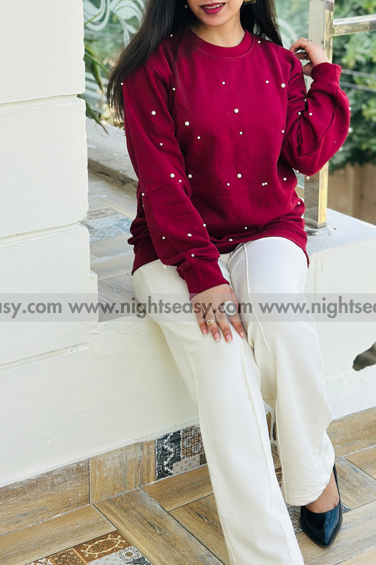 Maroon Pearls Beaded Sweatshirt For Women