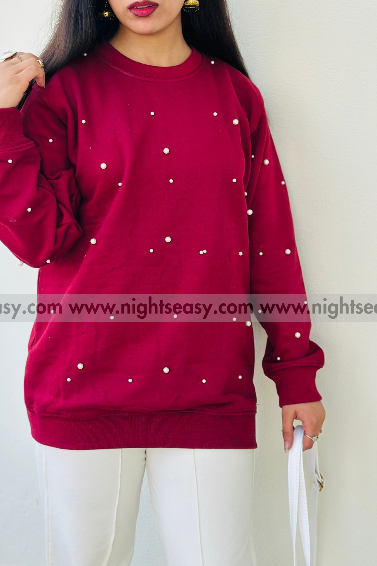 Maroon Pearls Beaded Sweatshirt For Women
