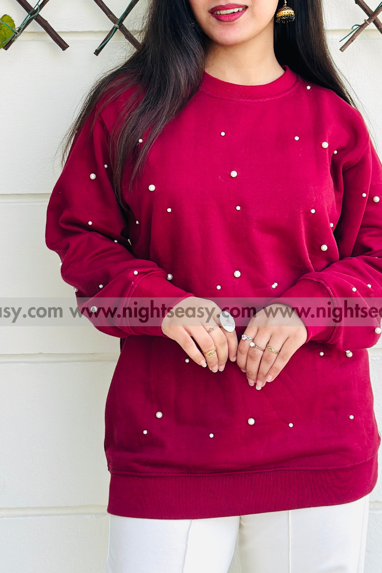 Maroon Pearls Beaded Sweatshirt For Women