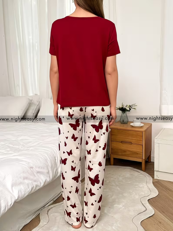 Mehroon Small Butterfly Printed Night Suit