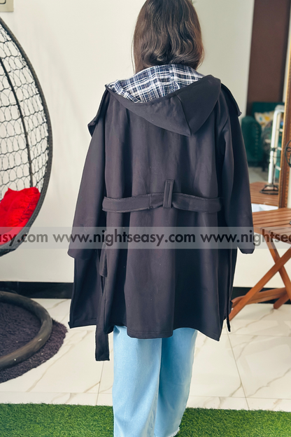 Black Women's Lace Trim Trench Coat Style Jacket