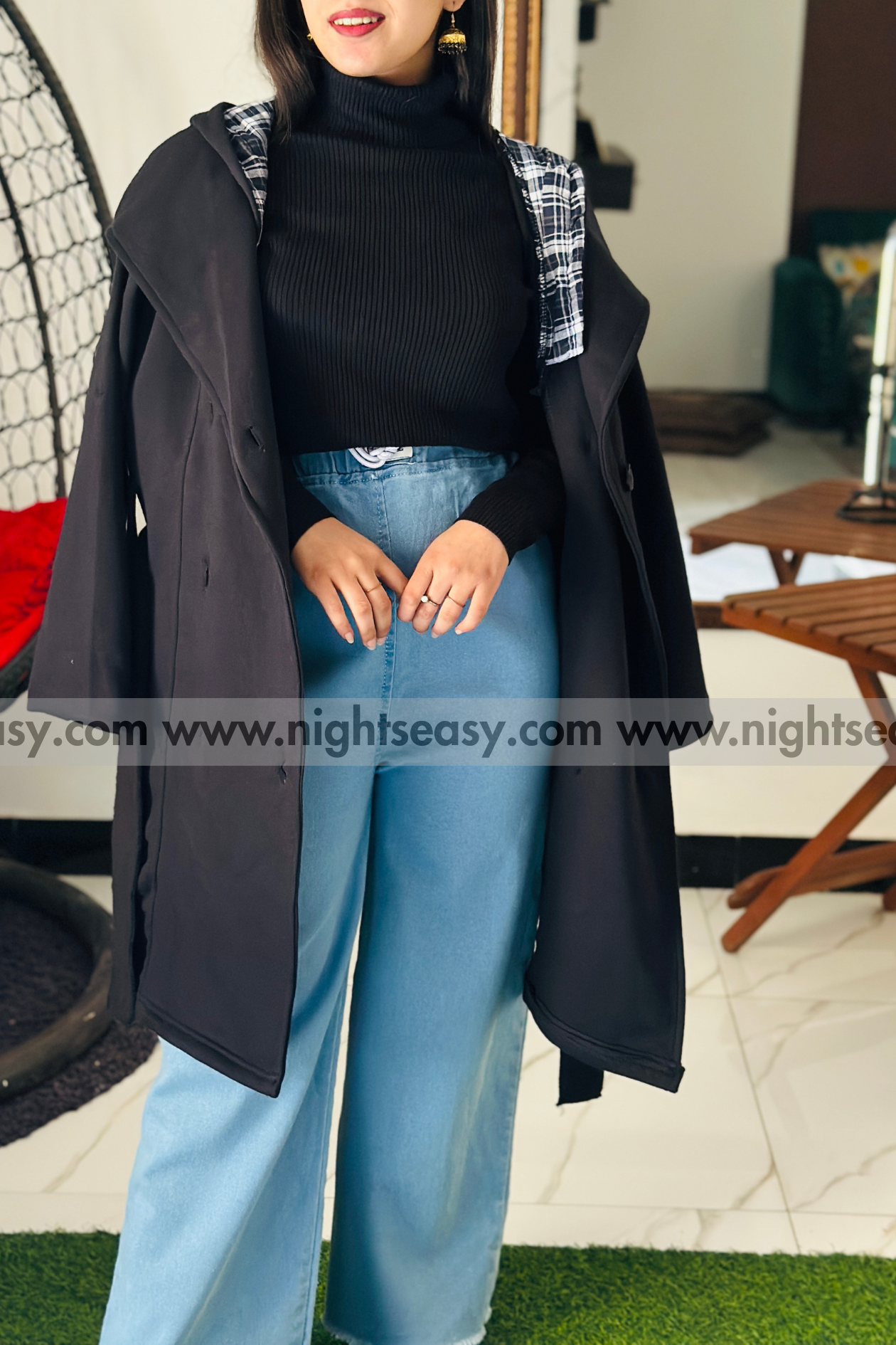 Black Women's Lace Trim Trench Coat Style Jacket