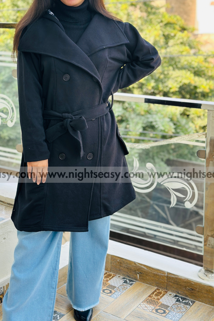 Black Women's Lace Trim Trench Coat Style Jacket