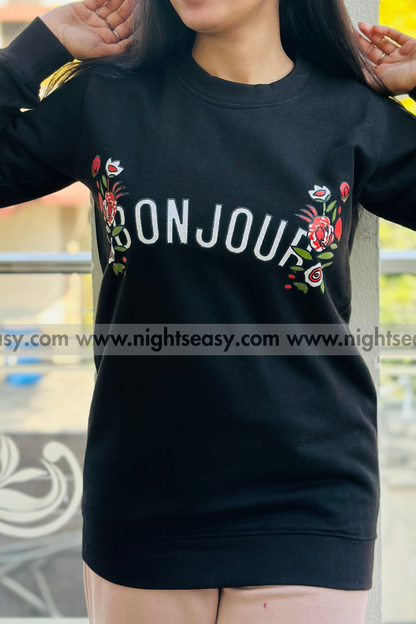 Black Bonjour Printed Sweat Shirt