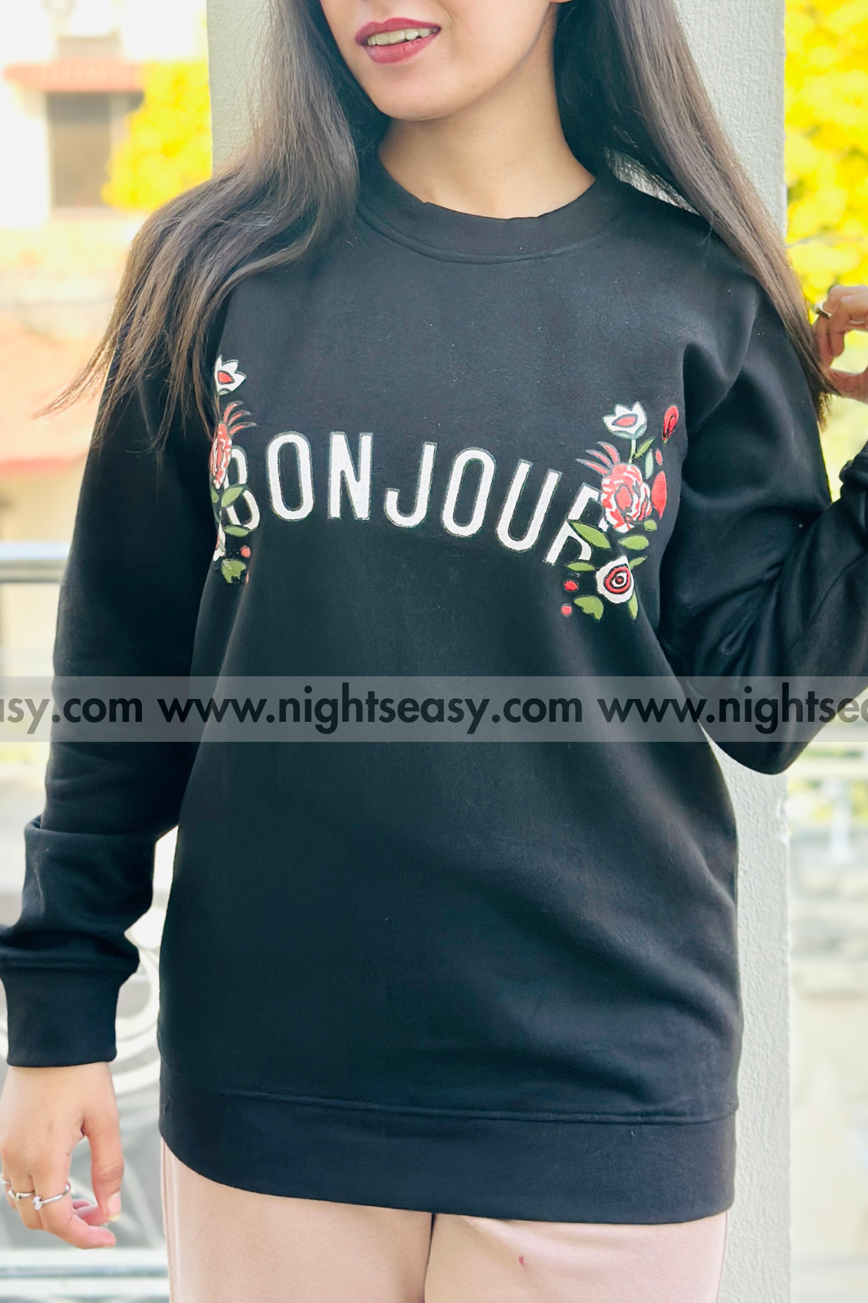 Black Bonjour Printed Sweat Shirt
