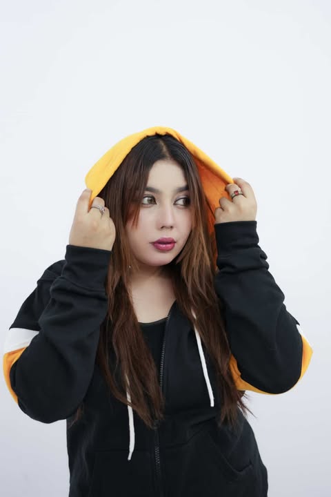 Black with Yellow and White Stripes Zipper Hoodie For Women