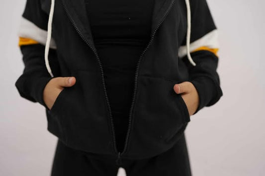 Black with Yellow and White Stripes Zipper Hoodie For Women