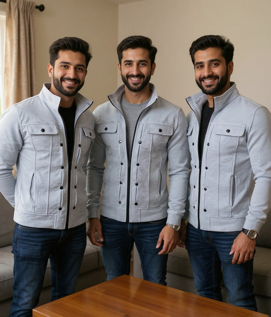 Friends Pack Of Deal  3 Grey Mexican Fleece Jacket for Men with Front Pocket