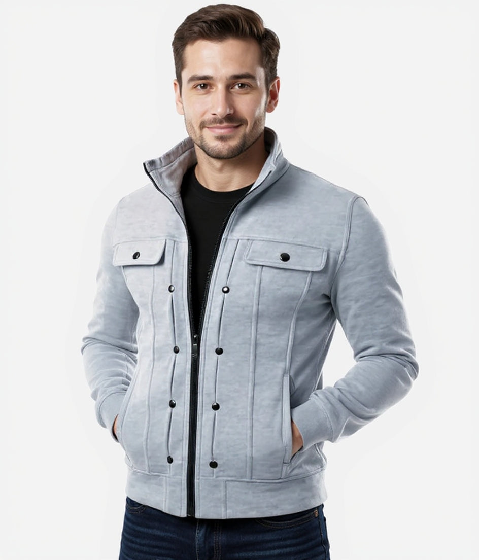 Grey Mexican Fleece Jacket for Men with Front Pocket