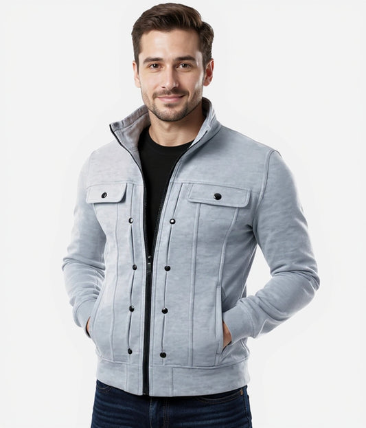 Grey Mexican Fleece Jacket for Men with Front Pocket