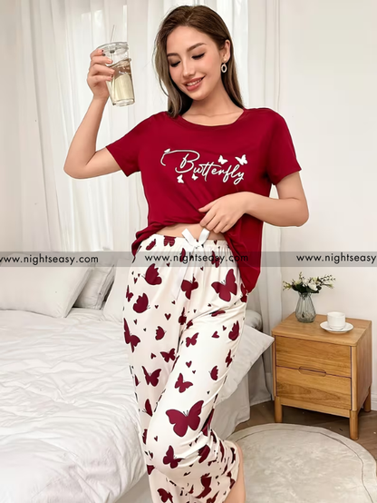 Mehroon Small Butterfly Printed Night Suit