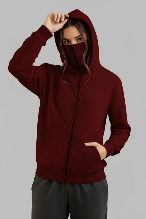 Maroon Balaclava Ninja Zipper Hoodie Jacket For Women
