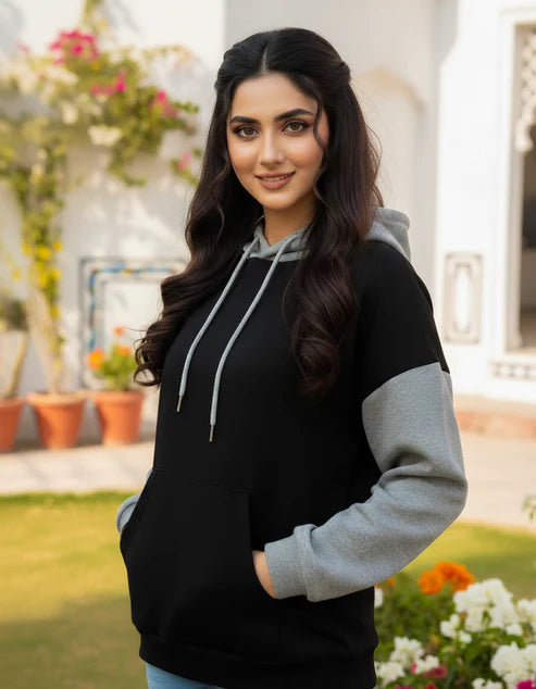 Black With Grey Basic Kangaroo Hoodie For Women