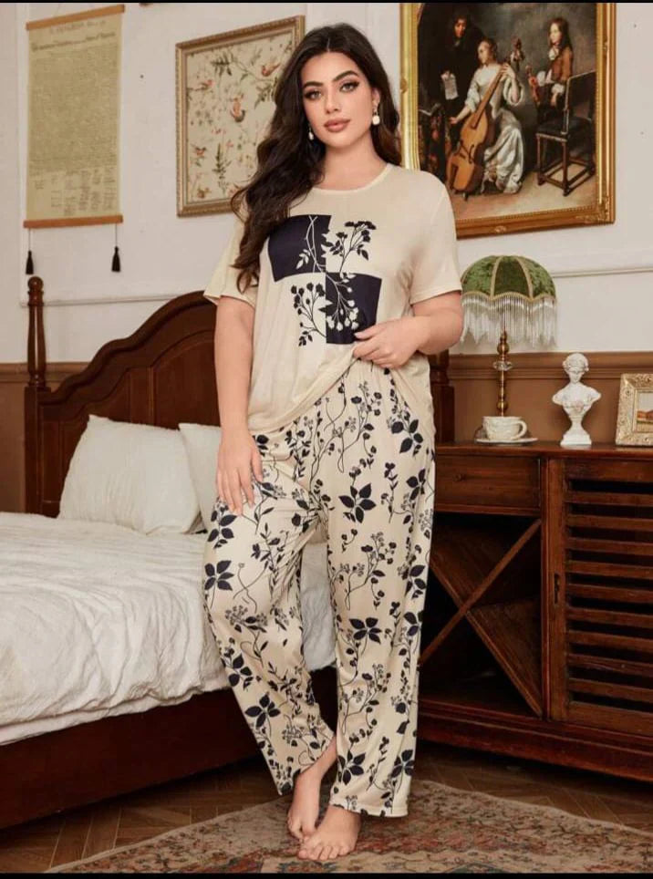 Cream Leaves Printed Night Suit