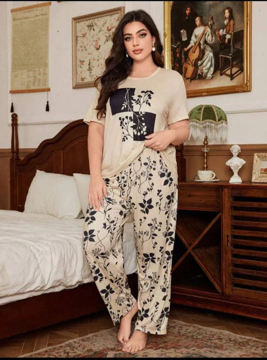 Cream Leaves Printed Night Suit