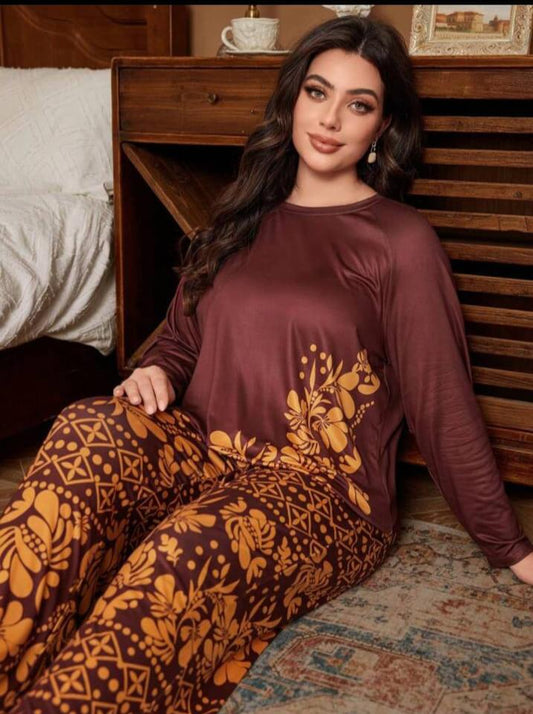 Maroon Leaves Printed Night Suit