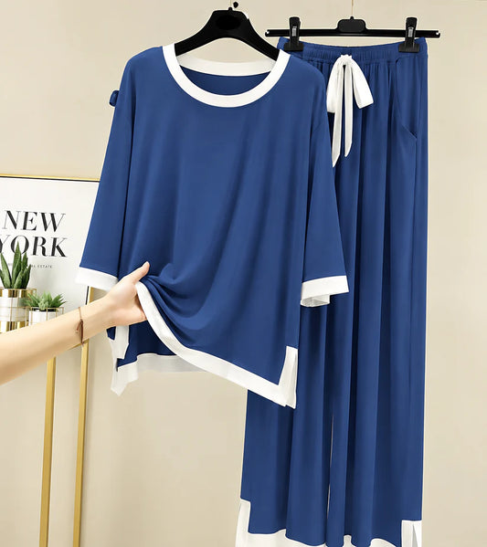 Royal Blue White Round Neck Plazo Night Suit