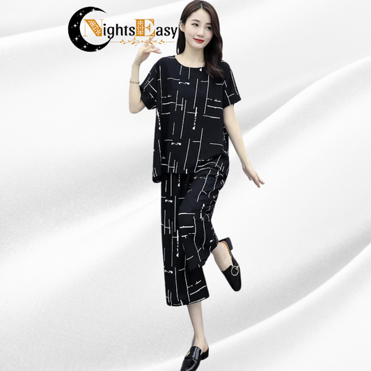 Black Printed Capri Night Suit