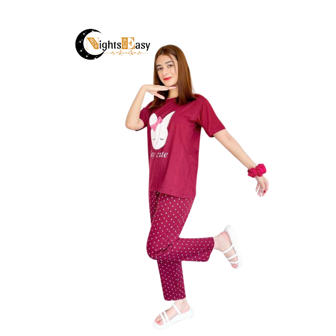 Maroon Stay Cute Printed Night Suit