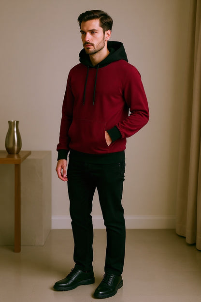 Maroon With Black Basic Kangaroo Hoodie